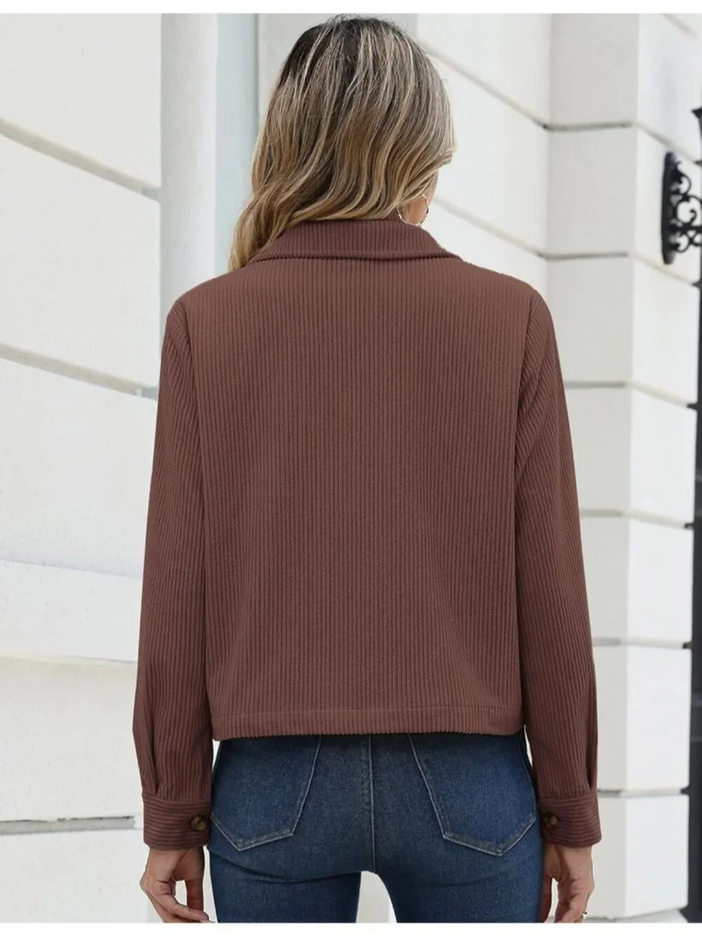 Women's Brown Fashion Cropped Corduroy Button Down Long Sleeve Trendy Jacket